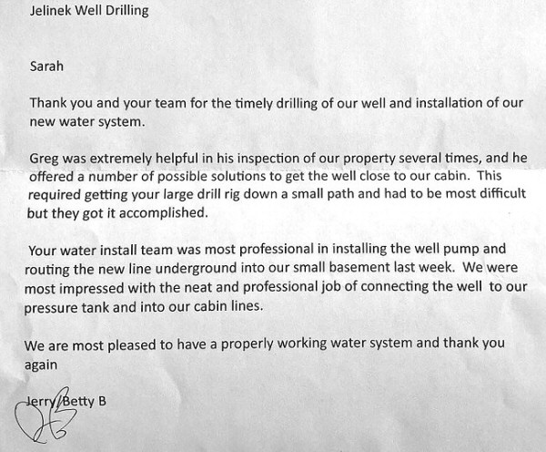 Review letter for Jelinek Well drilling from Jerry and Betty